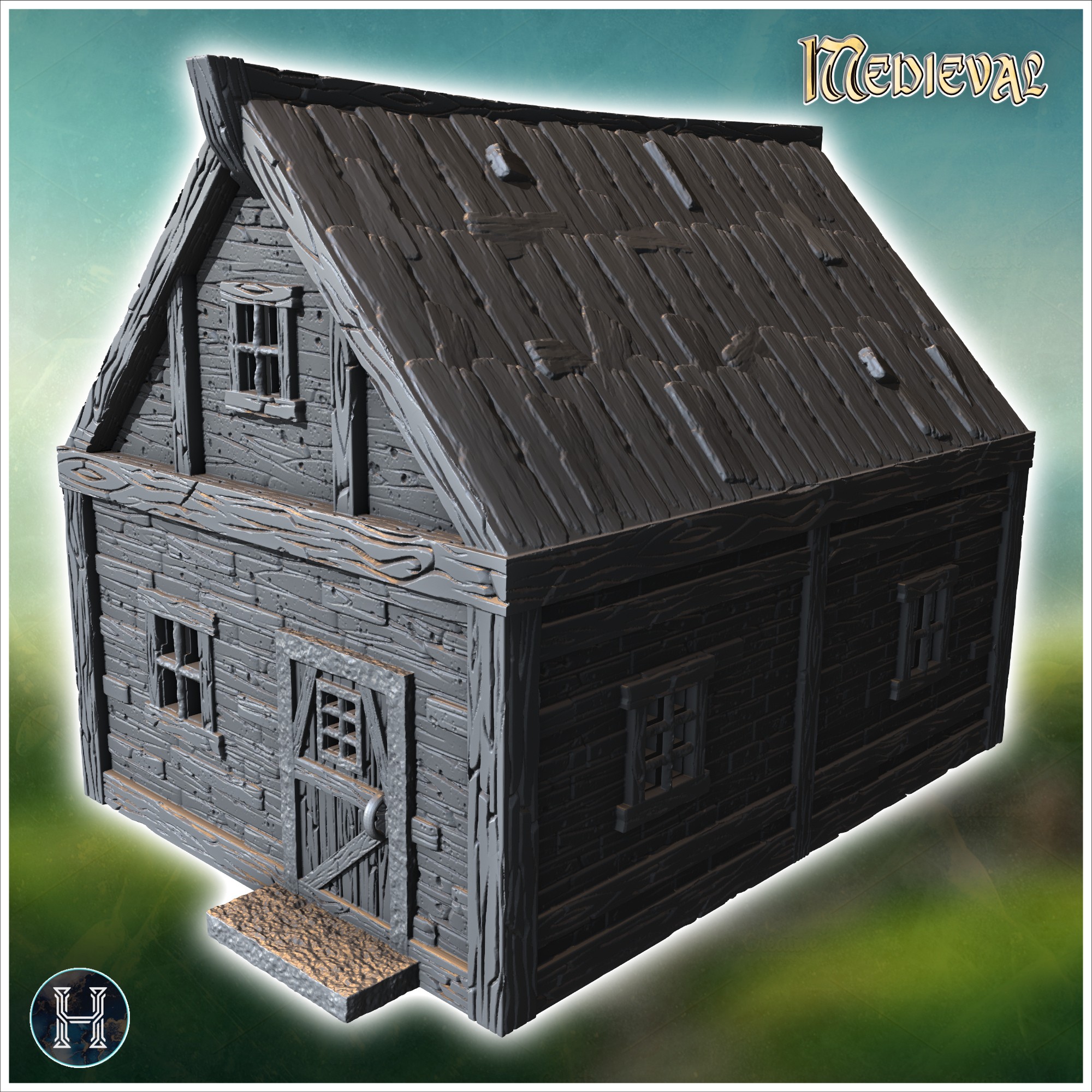 Small wooden house with a steep roof, small windows, and detailed wooden planks (33) - Medieval Gothic Feudal Old Archaic Saga 28mm 15mm RPG